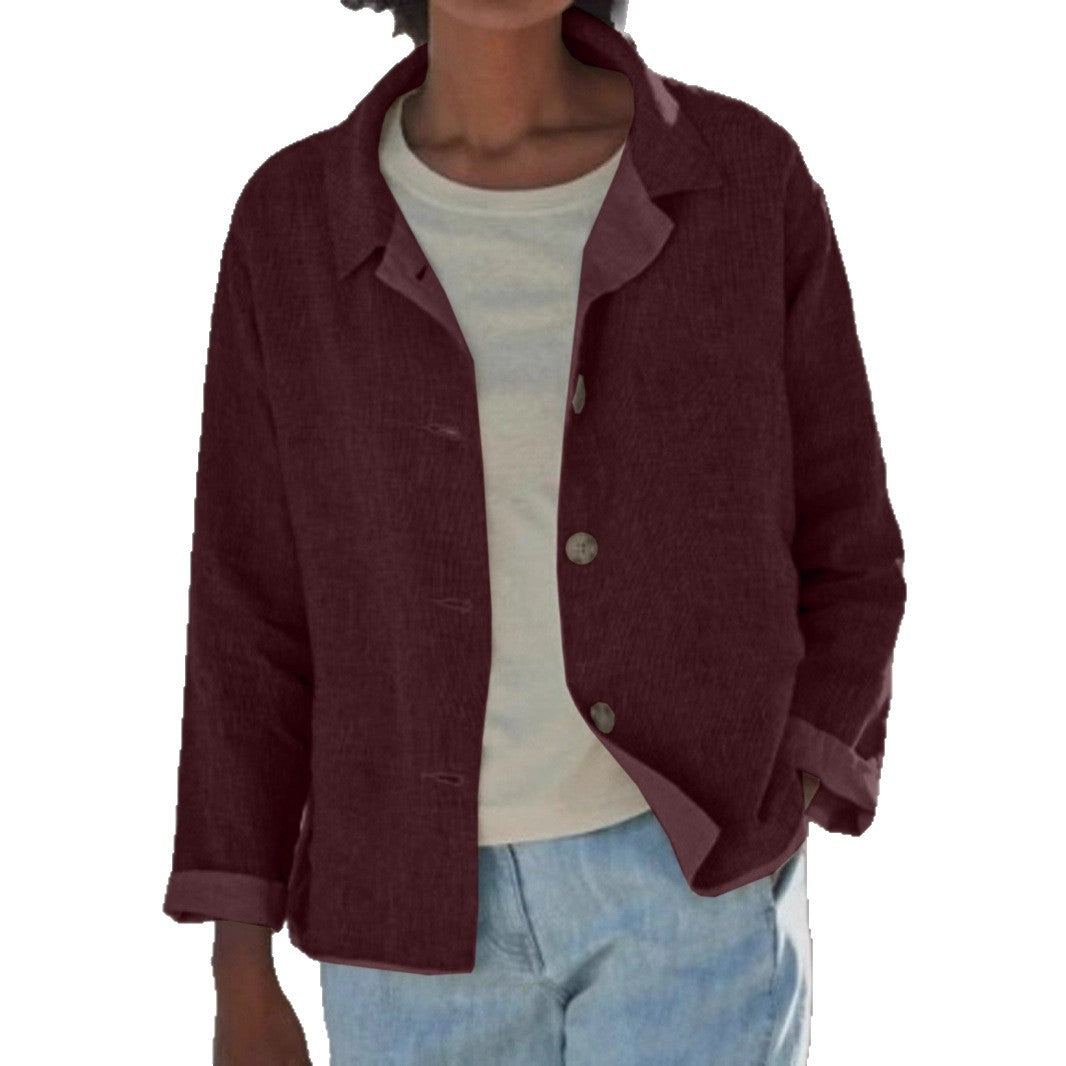 Women's Linen Blouses Collar Button Front Long Sleeve Loose Fit Casual Jacket Style